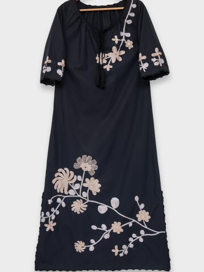 Hand - Embroidered Floral Black Long Dress